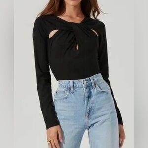 New ASTR The Label Womens Small S Black Ribbed Long Sleeve Cutout Bodysuit Twist